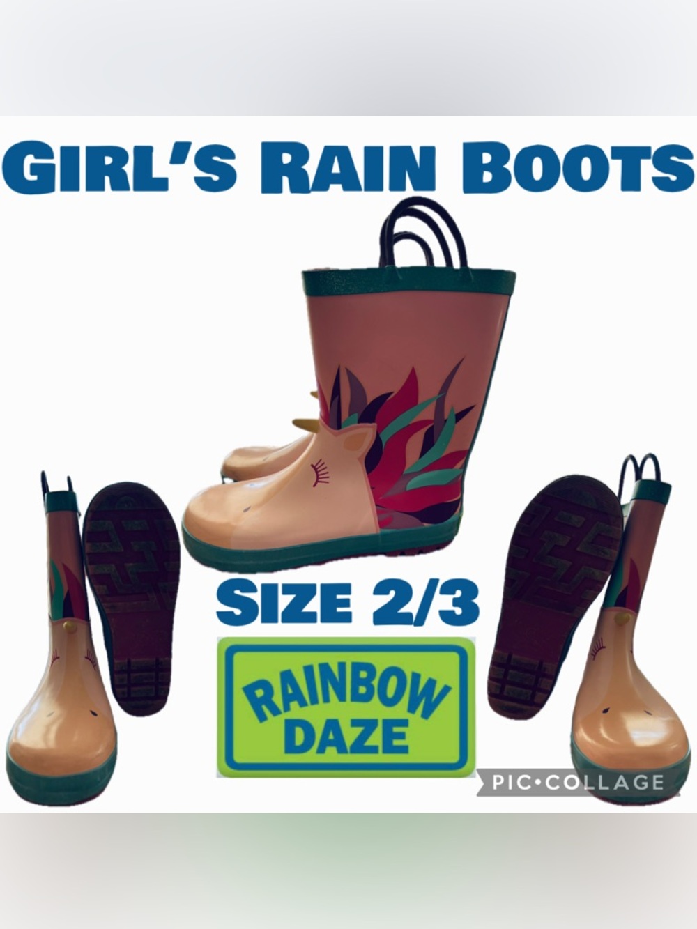 Rainbow Daze Kids Rain Boots Unicorn Printed Boots with Handles Kids Size 2/3